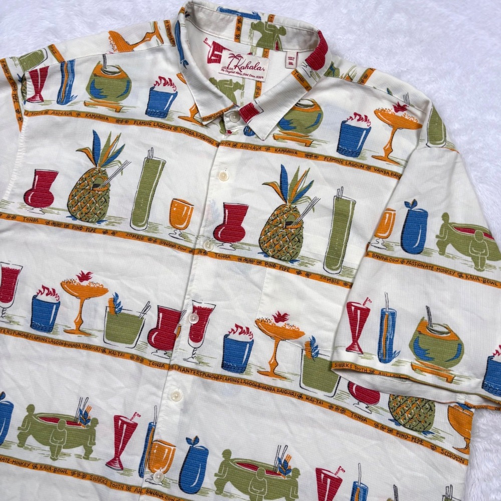 VTG Kahala Aloha Shirt Mens 3XL Off White Tiki Cocktail Okole Maluna Hawaiian